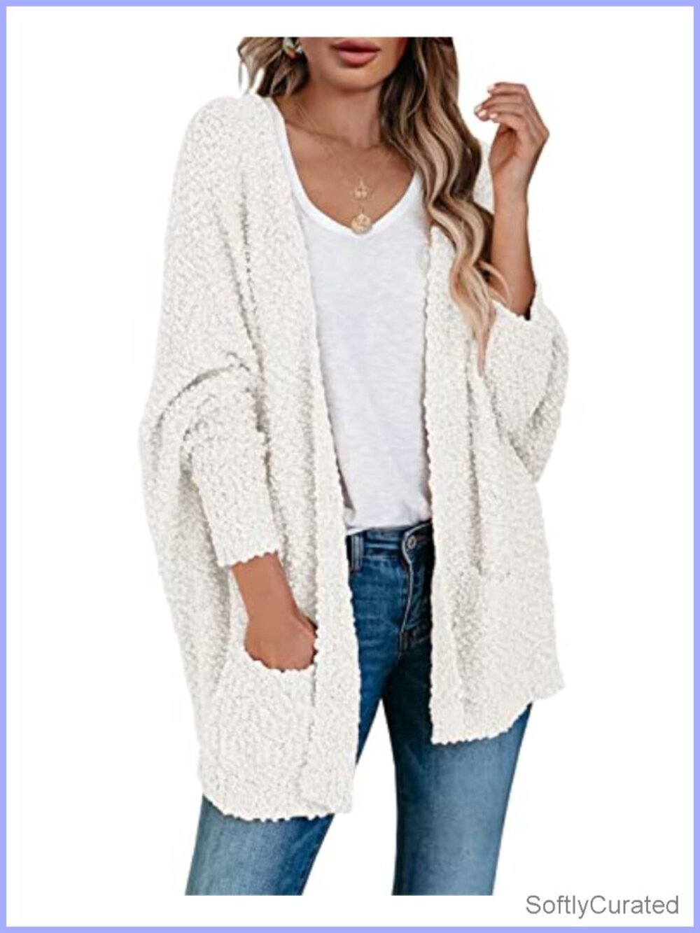 Chunky Popcorn Knit Open Front Cardigan Oversized Batwing Sleeve Sweater